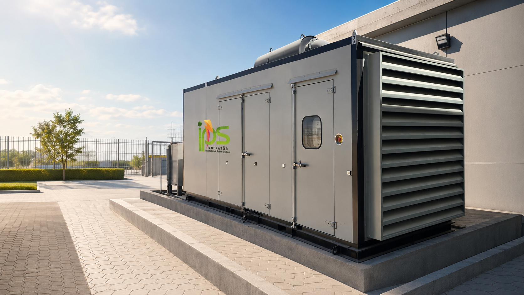 IPS branded generator enclosure installed on a paved site beside a modern industrial building