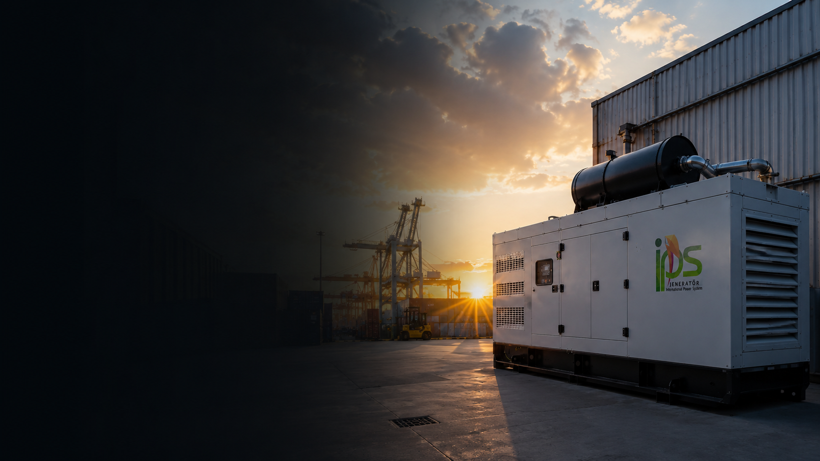 IPS canopy generator at a seaport logistics facility at sunset
