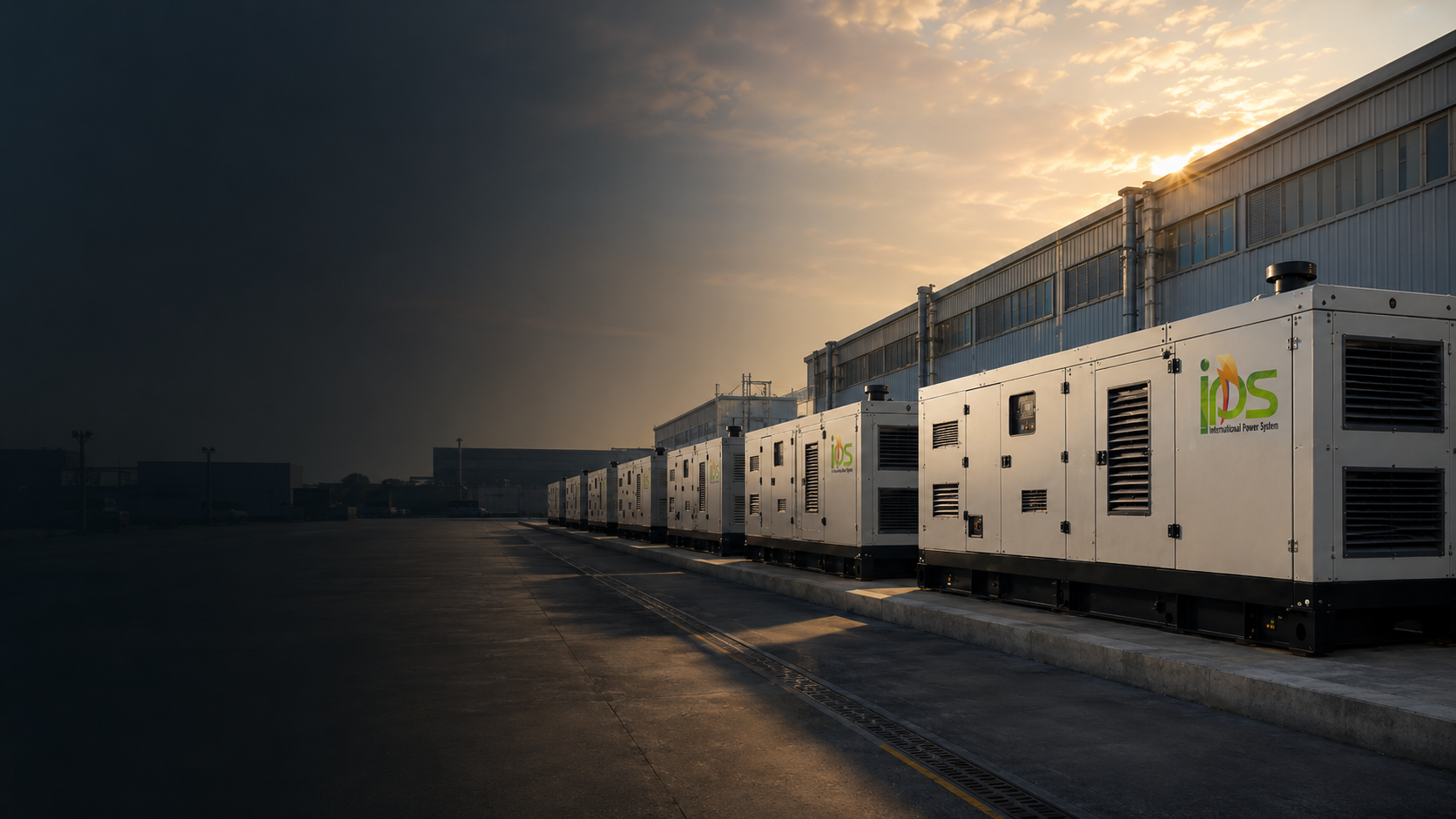 Row of IPS generator units lined up at an industrial yard at sunset